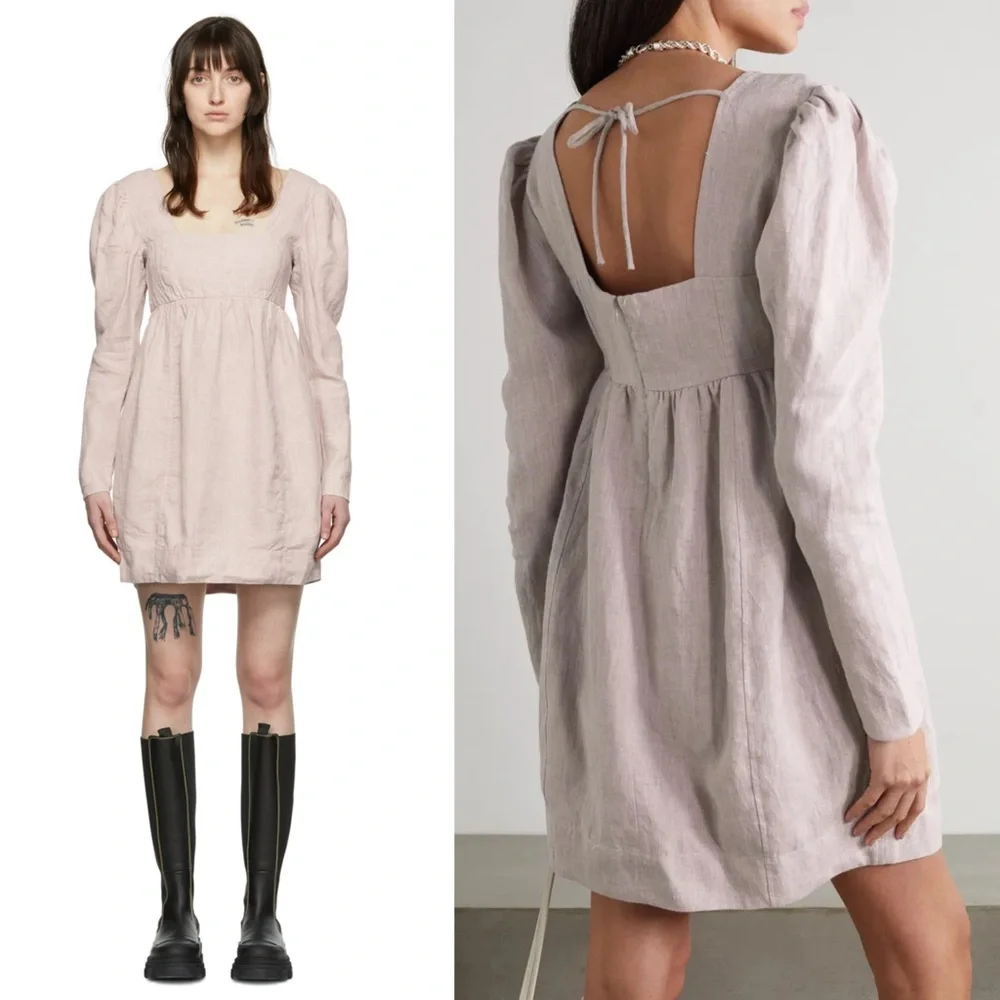 GANNI Lilac Hemp 90s Square Neck Long Sleeve Coquette Soft Girl Babydoll Dress L - Picture 3 of 14